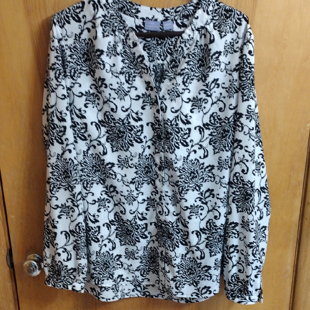 Laura Scott Black and White Long Sleeve Blouse with Mandarin Collar Size XL